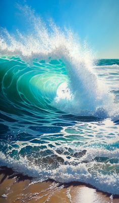 an oil painting of a wave crashing on the beach