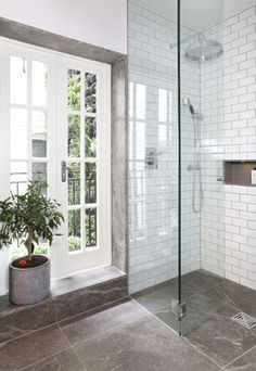 a bathroom with a walk in shower sitting next to a window and a potted plant