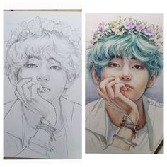 two drawings of the same person, one with blue hair and another with green hair