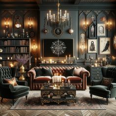 a living room filled with furniture and lots of candles