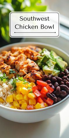 southwest chicken bowl with black beans, corn and avocado