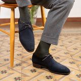 The Westley Medallion Derby in midnight blue suede. Shoe Store