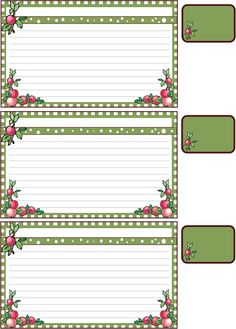 two blank notepads with apples and holly leaves on green polka doted paper