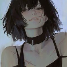 a drawing of a woman with black hair wearing a choker and looking at the camera