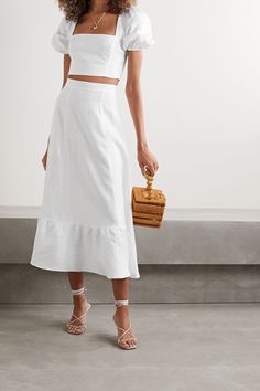 Loewe Tote, Matching Top And Skirt, Reformation Clothing, Stone And Strand, Midi Skirt Set, Midi Skirt Outfit, White Midi Skirt, Linen Fashion, Skirt And Top Set