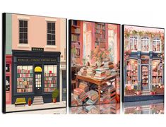 three different paintings of books on display in front of a storefront and the same painting