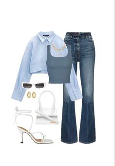 #aesthetic #outfitideas Polyvore Outfits Casual, Blue Outfit Aesthetic, Cute Polyvore Outfits, Jeans With Heels, Suit Jackets For Women, Outfit Layout, Stylish Work Outfits, Causual Outfits, Baggy Pants