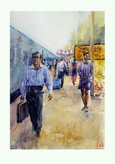 watercolor painting of people walking down the street with suitcases on their lapse