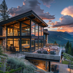 a house that is sitting on the side of a hill with a fire pit in front of it