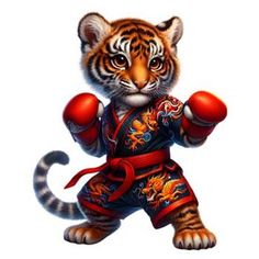 a tiger is wearing boxing gloves and holding a red glove in its right hand while standing on one leg