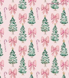 christmas trees with bows and candy canes on a pink background seamless wallpaper