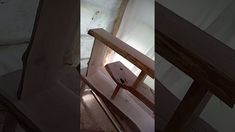 three different shots of a wooden table and chair in the same room, one is empty