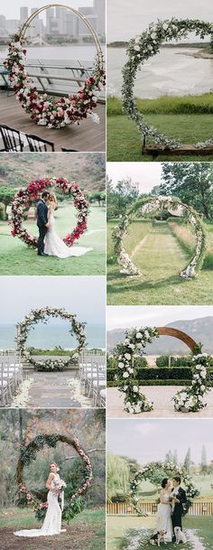 the wedding ceremony is set up with flowers and greenery in different stages of creation