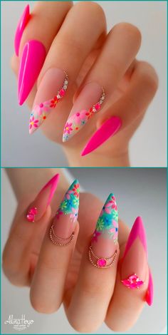 Spring Nails With Nail Art, Stiletto Nails Designs Spring, Spring Stiletto Nails 2024, Spring Nail Art Designs Pretty, Stiletto Nails Spring, Spring Nails With Rhinestones, Spring Nails Stiletto, Cute Nails Spring, Coffin Spring Nails