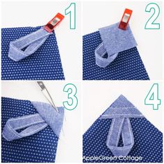 instructions to sew a tie on a blue shirt with white polka dots and red tape