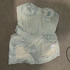 Petite Xs Piece Distressed Washed Denim Outfit #Demin #Twopiece #Distressedjean. Never Worn With Tags Fitted Denim Top With Frayed Hem, High Rise Fitted Distressed Denim Skirt, Distressed High Rise Fitted Denim Skirt, Fitted High Rise Distressed Denim Skirt, Distressed High-rise Fitted Denim Skirt, Fitted Distressed Dark Wash Denim Skirt, Fitted Light Wash Denim Top With Frayed Hem, Fitted Ripped Medium Wash Denim Skirt, Washed Fitted Cutoff Denim Skirt