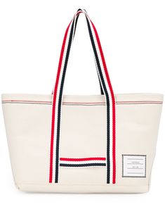 off-white cotton stripe detailing logo patch to the front button fastening internal zip pocket Tool Tote Bag, Tool Tote, Detailing Logo, Thom Browne, Functional Design, White Shop, White Bag, Patch Logo, White Cotton