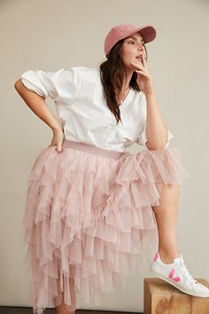 The Chéri is a oui. This top-rated midi skirt features a waterfall of tulle ruffles and delicate, swiss dot embellishments. | The Chéri Ruffled Tulle Midi Skirt by Anthropologie in Pink, Women's, Size: 2 X, Polyester/Rayon/Tulle Pink Tutu Skirt Outfit, Pink Tulle Skirt Outfit, Tutu Skirt Outfit, Tulle Skirts Outfit, Pink Tutu Skirt, Tulle Ruffles, Pink Tulle Skirt, Winter Skirt Outfit, Tulle Midi Skirt