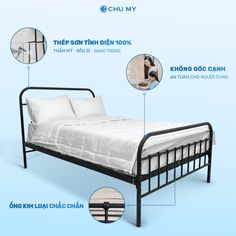 an image of a metal bed frame with instructions on how to put it in place