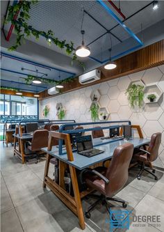 an office with tables, chairs and plants hanging from the ceiling