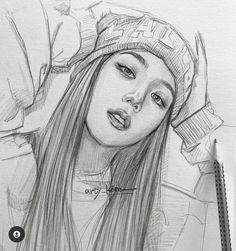 a pencil drawing of a girl with long hair wearing a beanie and looking at the camera