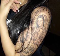 Mexican Arm Tattoos For Women, Small Virgen De Guadalupe Tattoo Ideas, Tattoo Ideas Chicano, Virgen De Guadalupe Tattoo Ideas Women, La Virgen De Guadalupe Tattoo Ideas Arm, Chicana Virgin Mary Tattoo, Chicana Tattoos For Women