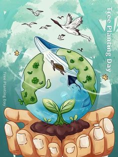 a hand holding up a small plant with birds flying around it and the earth in its hands