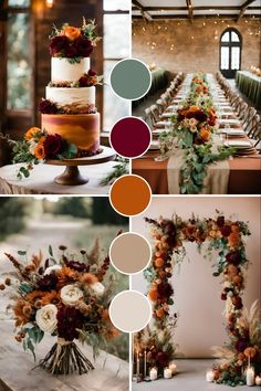 the wedding cake is decorated with flowers and greenery for an autumn - themed color scheme