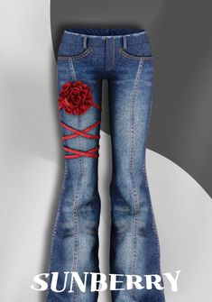 a pair of blue jeans with red roses on the side and words, sunberry