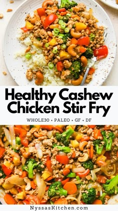 healthy cashew chicken stir fry with broccoli and carrots