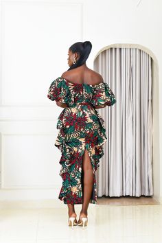 Time to turn it up for party season in this Beautiful African print Ankara Dress. Lewa is a Nigerian name meaning having beauty and just as the name implies, our Lewa African print dress is an absolute beauty The cut of this dress accentuates the body to a beautiful silhouette Bubble sleeves that can be worn on or off-the-shoulder with that cute sweetheart neckline. Frills on the sides of the dress that give off a dramatic flair. Made with High quality 100% African Wax cotton Fully Lined Long zi Long Ankara Dress Styles, Ankara Party Dress, Plus Size African Fashion, Plus Size Ankara, African Formal Dress, Latest Ankara Dresses, Long Ankara Dresses, Maxi Dress Ankara, African Maxi Dress Ankara