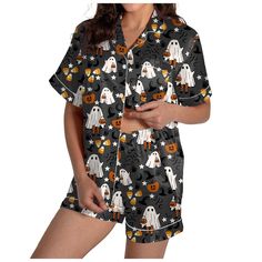 PRICES MAY VARY. ✅AND PLEASE NOTE TO CHECK THE SIZE CHART IN THE PRODUCT DESCRIPTION. (NOT AMAZON SIZE CHART!) 【Material】: Halloween Satin pajama set for women is made of Premium soft comfortable silk fabric.Ultra-soft, breathable, durableand and classic sleep set. 【Pajama Bottoms】:Two piece pajama shorts set for women with soft elastic waist that fits for any body size and makes relaxing as comfort as possible.This Halloween pjs for women Perfect for sleepwear,night wear or loungewear 【Pajama T Casual Sleepwear With Buttons For Sleepover, Casual Sleep Sets With Buttons, Casual Sleepwear Sets With Buttons, White Buttoned Sleepwear For Sleepover, White Buttoned Sets For Loungewear, White Buttoned Loungewear Sets, White Buttoned Sleepwear For Pajama Party, Casual Halloween Sleepwear Loungewear, Casual Halloween Sleepwear For Loungewear