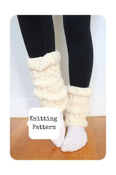 the legs and feet of a woman in white knitted socks with text overlay that reads knitting pattern