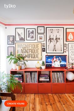 a living room filled with lots of furniture and pictures on the wall above it's entertainment center