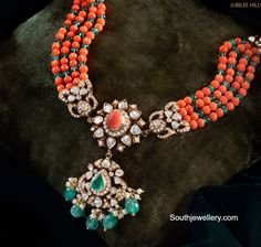 Coral Diamond Pendant, Coral Jewelry Set Gold, Coral Rose Jewellery, Coral Jhumkas, Coral Jewelry Indian Gold, Corals Jewellery, Pagadala Mala, Coral Jewelry Necklace, Coral Pendants