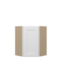 a white cabinet with a wooden door on the left and right side, against a white background