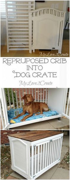 a dog laying on top of a bed in front of a white wooden structure with the words repurposed crib into a dog crate