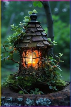 a small lantern is lit up in the forest