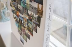 a white wall with pictures on it next to a window and coffee mugs in the background