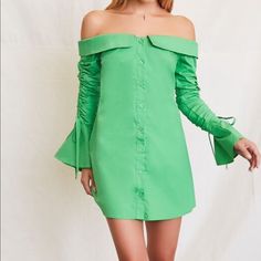 Brand New Cute Green Dress! Never Worn Still Has Tags Spring Off-shoulder Cotton Mini Dress, Trendy Green Cotton Mini Dress, Casual Off-shoulder Mini Dress For Spring, Cute Green Dress, Ruffle Shoulder Dress, Blair Dress, Pixie Dress, Spaghetti Strap Mini Dress, Green Mini Dress