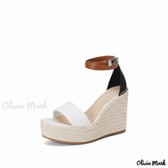 Olivia Mark - Refined White Faux Leather Ankle Strap Wedge Espadrilles with Striking Open Toe Design White Synthetic Espadrilles With Flat Heel, Chic White High Heel Espadrilles, Trendy Synthetic Wedge Heel Espadrilles, Casual High Heel Synthetic Espadrilles, Trendy White Round Toe Espadrilles, Chic White Synthetic Espadrilles, Casual Leather High Heel Espadrilles, White Synthetic Espadrilles With Ankle Strap, Casual White Wedge Heel Espadrilles