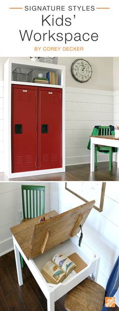 a red locker sitting in the corner of a room next to a white table and green chairs