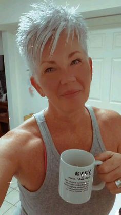 Short Gray Hair Edgy, Short Gray Hair, Feeling Silly, Happy Juice, Coffee Instagram, Gray Hair Cuts