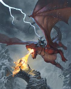 a red dragon flying over a mountain next to a fire