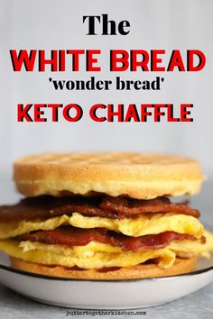 the white bread wonder bread keto chaffle on a plate with bacon and eggs