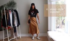 Mid Silk Skirt Outfit, Slip Skirt Night Out, Satin Skirt Outfit 2023, Tshirt And Satin Skirt, Slip Skirt T Shirt Outfit, Satin Bias Midi Skirt Outfit, Midi Slip Skirt Outfit Summer, Styling Satin Slip Skirt, Tan Slip Skirt Outfit