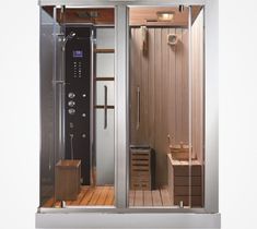 an indoor steam sauna is shown in this image, with the door open to show it's interior