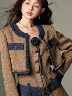 Material: Polyester100%・Polyester79% Viscose18.8% Spandex2.2% Size: SML Model: 170cm/49kg Wears size M Jacket Length Bust Shoulder Sleeve Cuff S 38cm 92cm 39cm 59cm 27cm M 39cm 96cm 40cm 60cm 28cm L 40cm 100cm 41cm 61cm 29cm Skirt Length Bust Waist S 80cm 84cm 68cm M 83cm 88cm 72cm L 86cm 92cm 76cm Tweed Shorts, Brown Skirts, Slip Skirt, Short Jacket, Tweed Jacket, Womens Maxi Dresses, Fur Jacket, Skirt Length, Autumn Winter Fashion