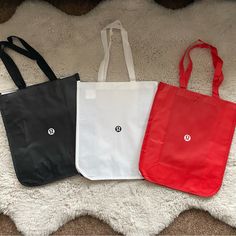 New Never Used 3 Large Lululemon Reusable Bags Red, Black, White Bags H-16.5” W-14.5” D-7” Black Reusable Shoulder Bag For Shopping, Reusable Black Shoulder Bag For Shopping, Casual Black Foldable Bag, Lululemon Bag Reusable, White Foldable Bag For Everyday Use, White Foldable Bags For Everyday Use, Black Reusable Nylon Bag, Lululemon Bags, Back 2 School