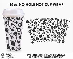 a cup wrapper with black and white designs on it, next to the image of a